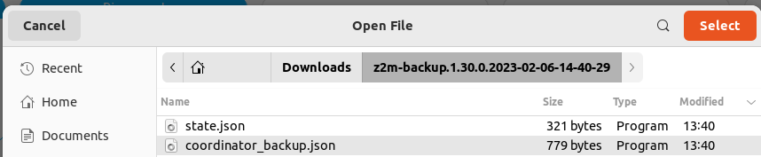 Selecting the backup file